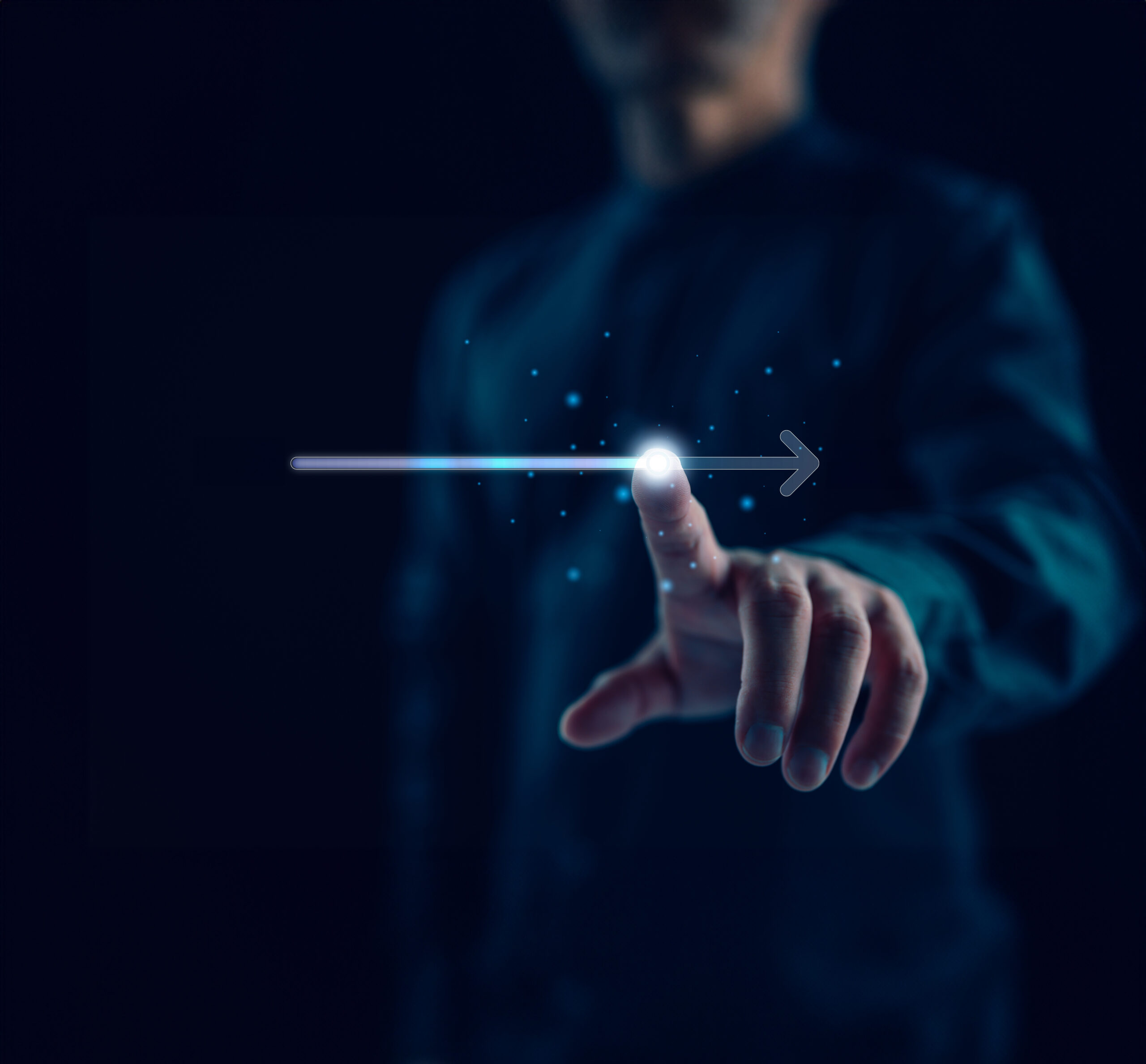 Businessman touch on virtual bar status to change from 2023 to 2024, countdown of merry Christmas and happy new year by technology concept, start new business and new life. New year's start-up.